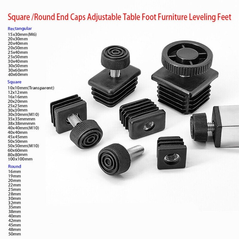 Square Tube Inserts End Caps Adjustable Table Foot Furniture Leveling Feet M6 M8 gallery