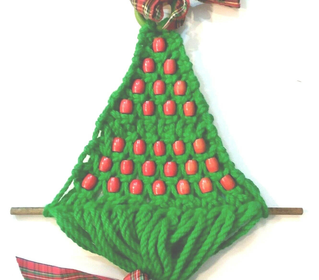 Vintage Retro 1970s Green Macrame Red Beads Christmas Tree Wall Hanging Boho gallery