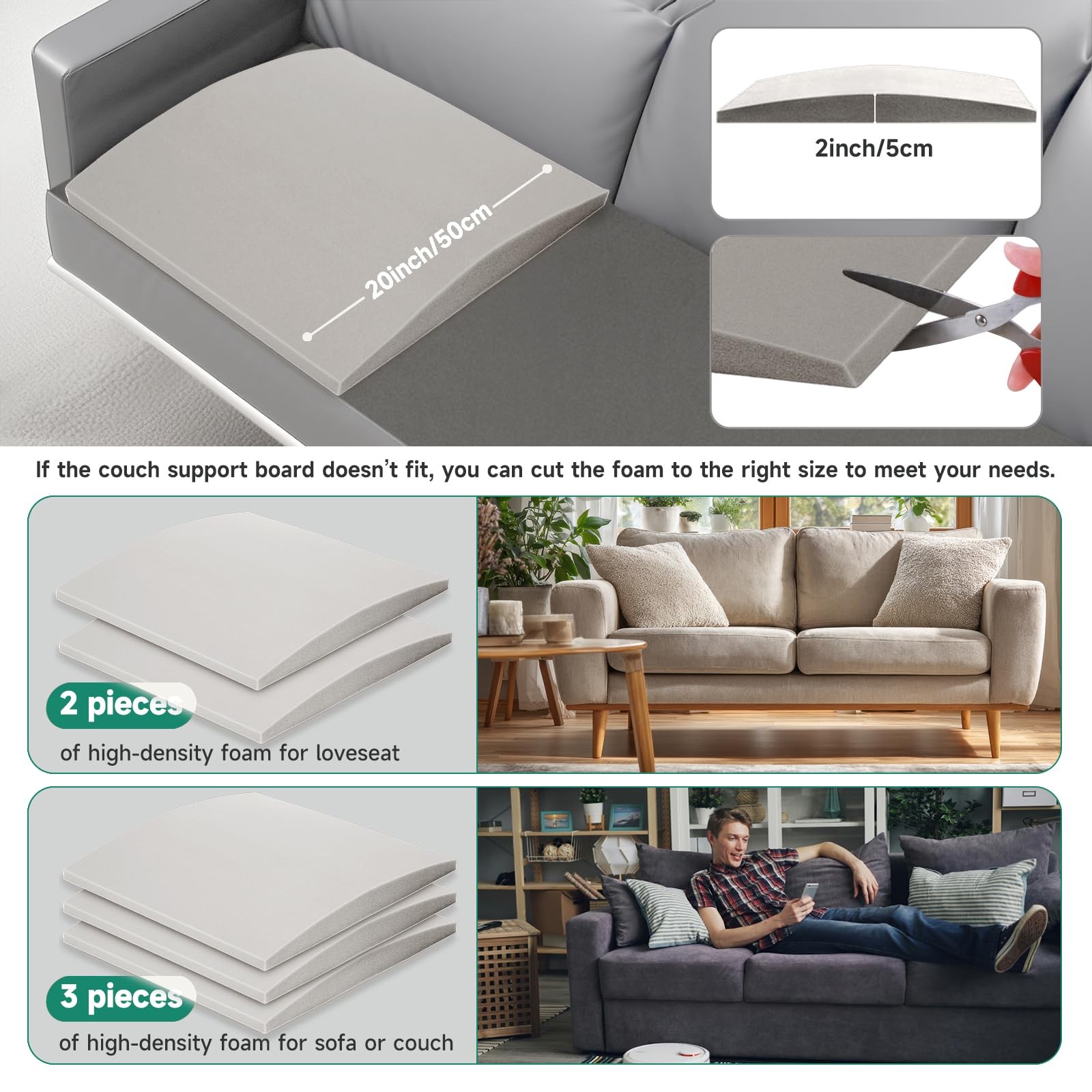 2 PCS Couch Cushion Support Sagging Seats Curved 20x20 Inch HighDensity Grey gallery