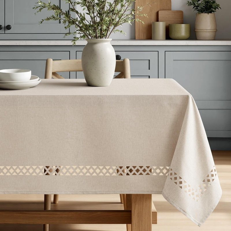 Beige Rectangle Linen Polyester Tablecloth with Decorative Cutouts Spring Wat... gallery