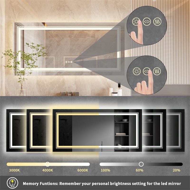Large LED Bathroom Vanity Mirror Front & Backlight Anti-Fog Memory Dimmable gallery