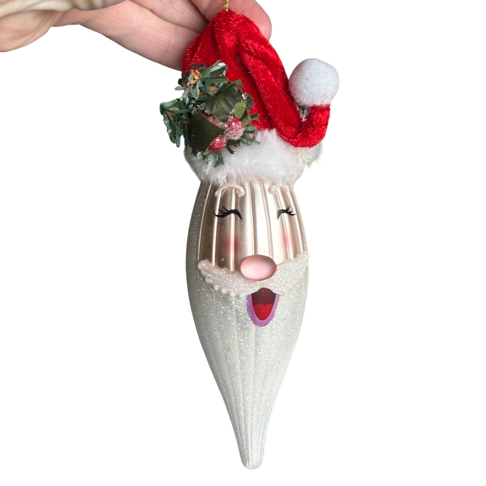 Whimsical Santa Face Christmas Tree Ornament Glittery Iced Elongated Design 7" gallery