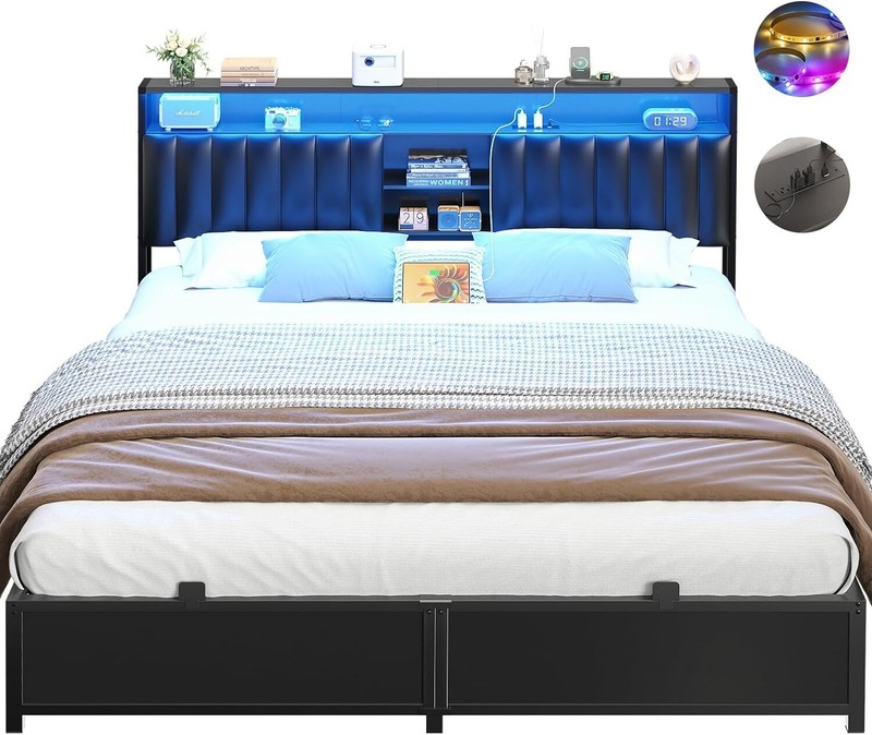 King/Queen/Full Size Bed Frame with Upholstered Storage Headboard ＆ LED ＆ Outlet gallery