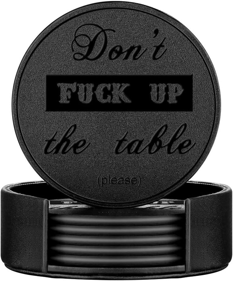 Funny Coasters, 6 Pcs Leather Coasters with Holder, Perfect Housewarming Hostes gallery