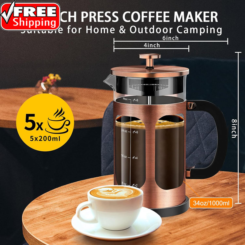 French Press Coffee Maker (34Oz 1Quart 5-6Cup) Coffee Press, with 4 Filters Syst gallery