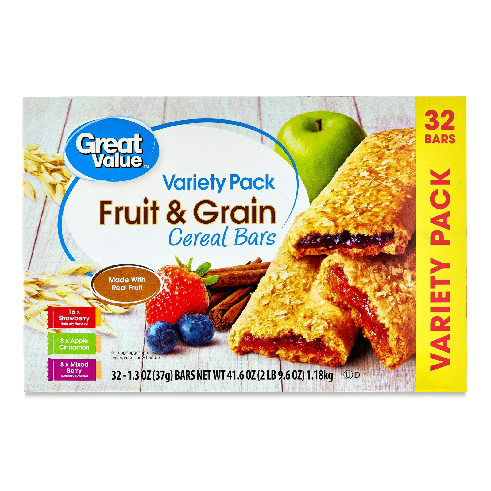 Great Value Fruit & Grain Cereal Bars, Variety Pack, 1.3 oz, 32 Count gallery
