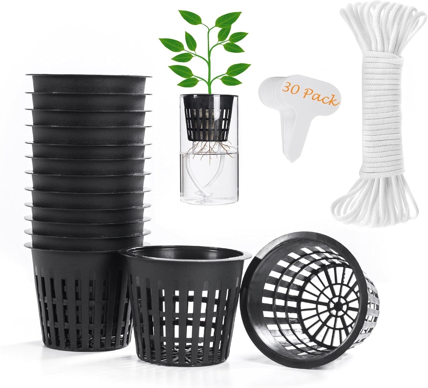 12 or 30 Pack 3 Inch Net Cup Pots with Hydroponic Self Watering Wick & Plant gallery