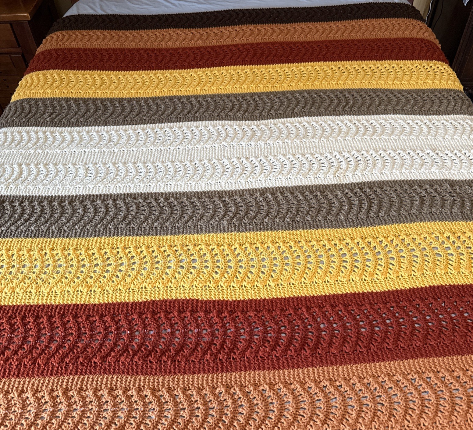 Vtg Fall Colors Crochet Afghan Shell Wave Pattern 1970s Yellow Tan Brown 61x72” gallery