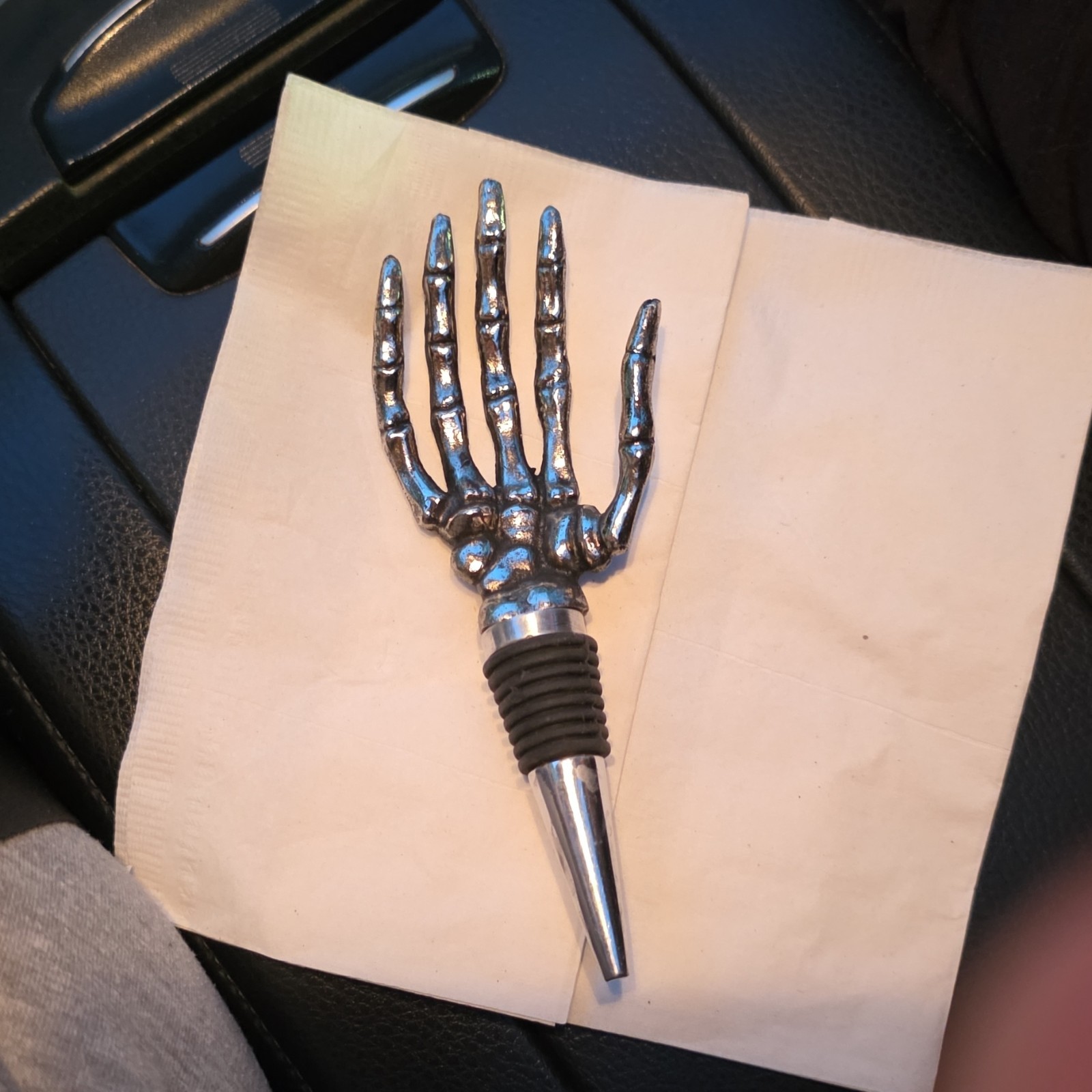 Skeleton Hand Metal Bottle Stopper w/ Black Rubber Seal, Silver/Black, gallery