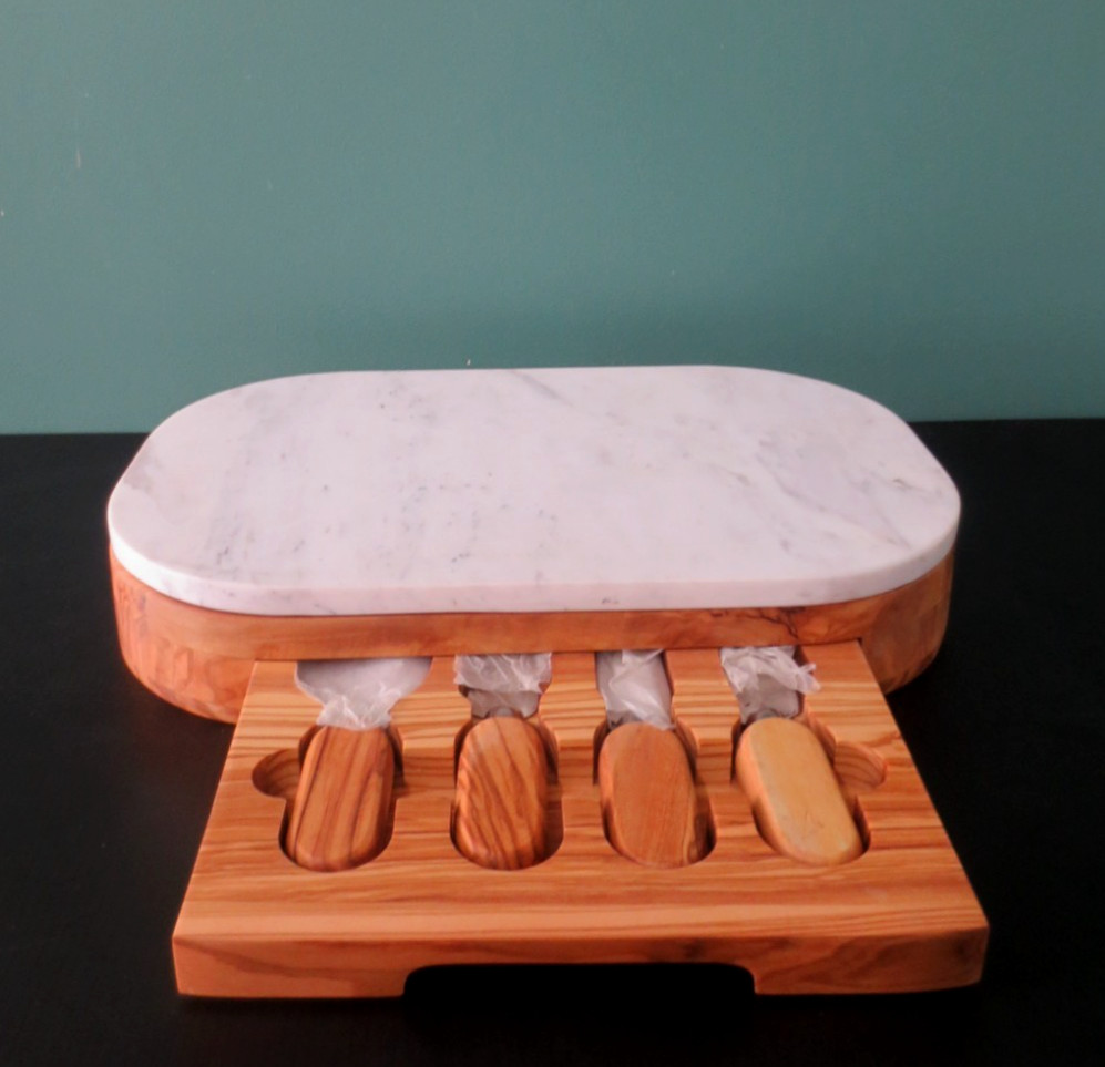 WILLIAMS-SONOMA - New Heavy OLIVEWOOD & MARBLE CHEESE SET - 13" x 8" - 10 Pounds gallery