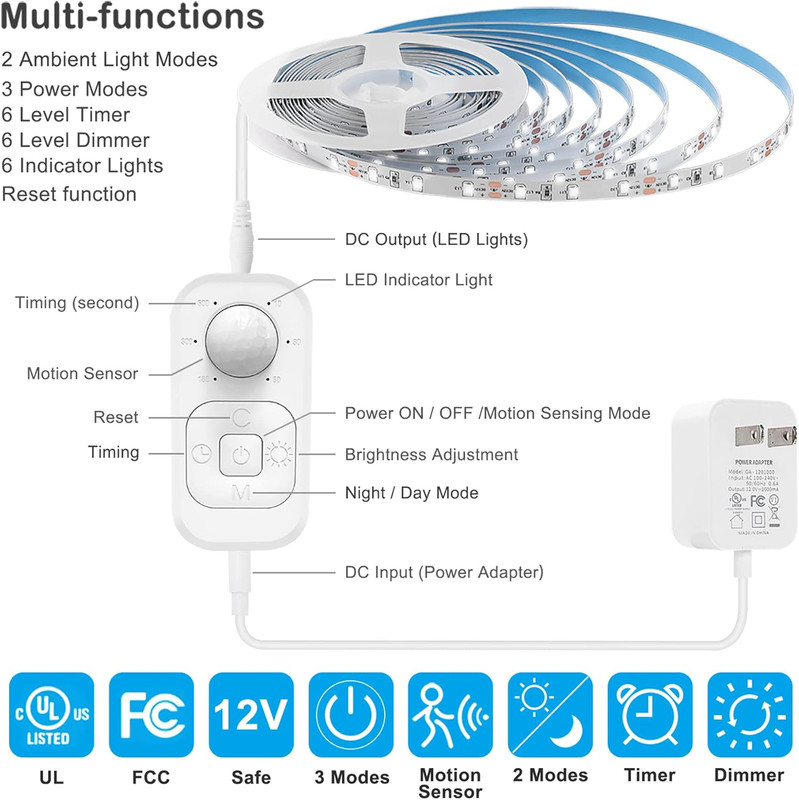 Motion Sensor Lights Indoor Plug-In LED Step Lights Strip with UL FCC Adapter Ti gallery