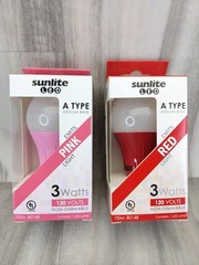 (2) Pack Red & Pink LED A Type Colored 3W Light Bulb Medium Base Sunlite Color