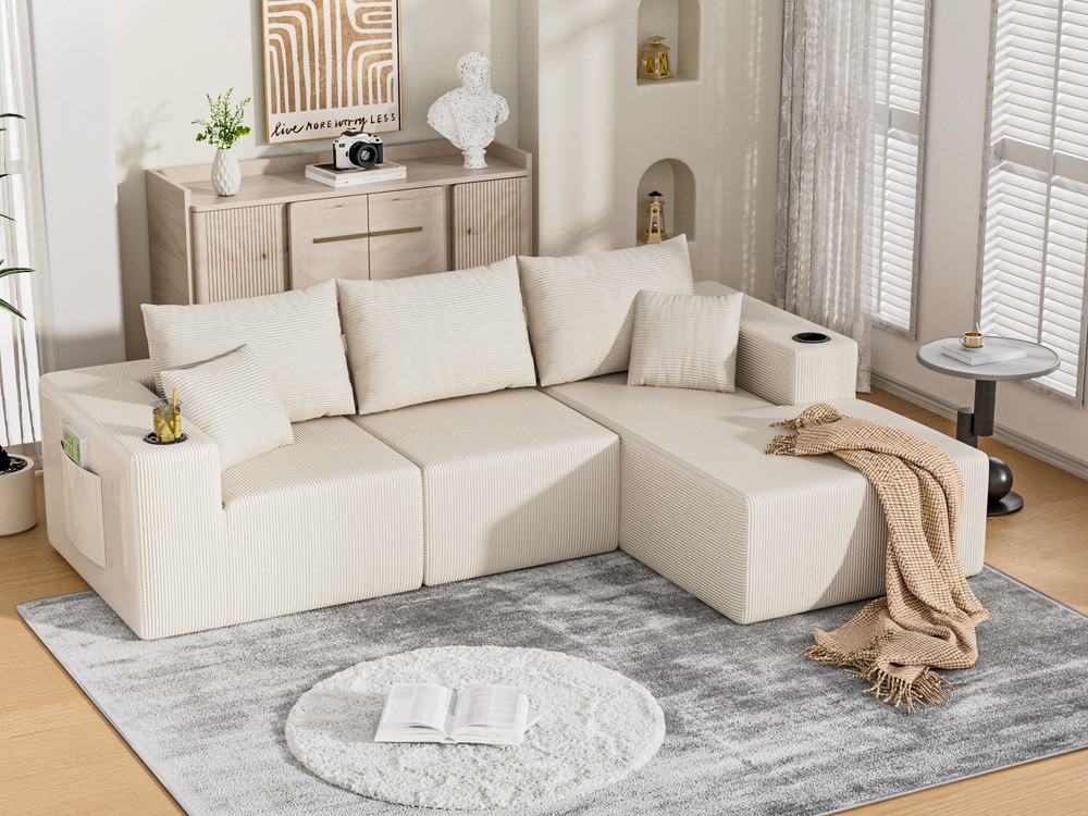 L Shaped Corduroy Sofa Cloud Couch Compression Boneless Sofas w/ 5 Throw Pillows