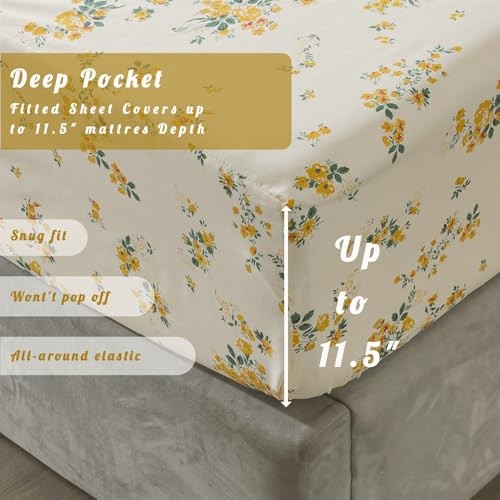 100% Cotton Percale Sheets for Size Bed - 14 Inches Deep King Yellow Floral gallery