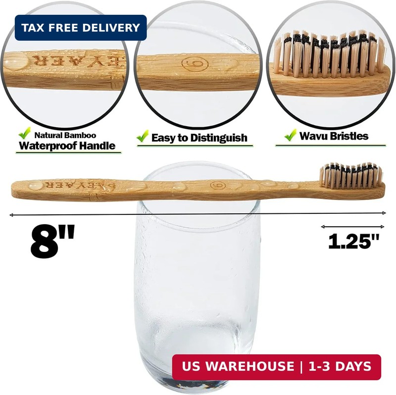 10 Count Bamboo Toothbrush (Soft+Medium) Charcoal Toothbrushes, Natural Wood Too gallery
