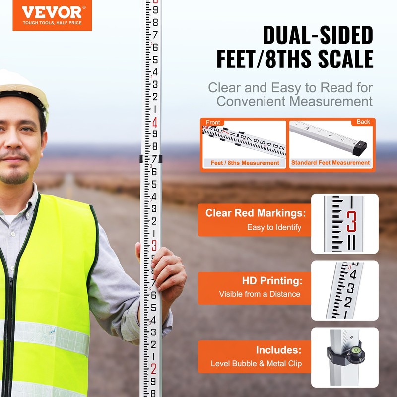 VEVOR Measuring Rod 14-Feet/8ths 4 Sections Telescopic Grade Rod 1/8in w/ Bag gallery