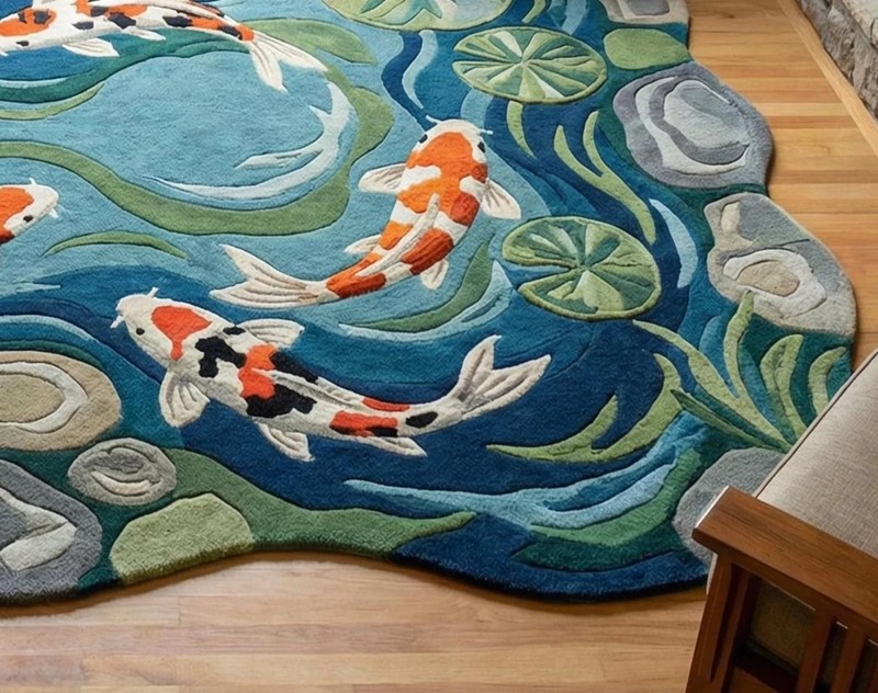 Hand Tufted Koi Fish Pond Rug – Round Artistic Area Rug – Japanese Style Water gallery