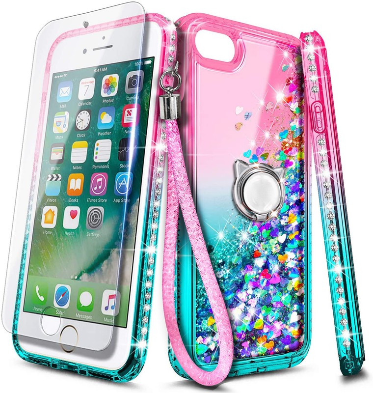 For iPhone SE 3rd Gen 2022 Case Bling Liquid Glitter + Tempered Glass & Lanyard