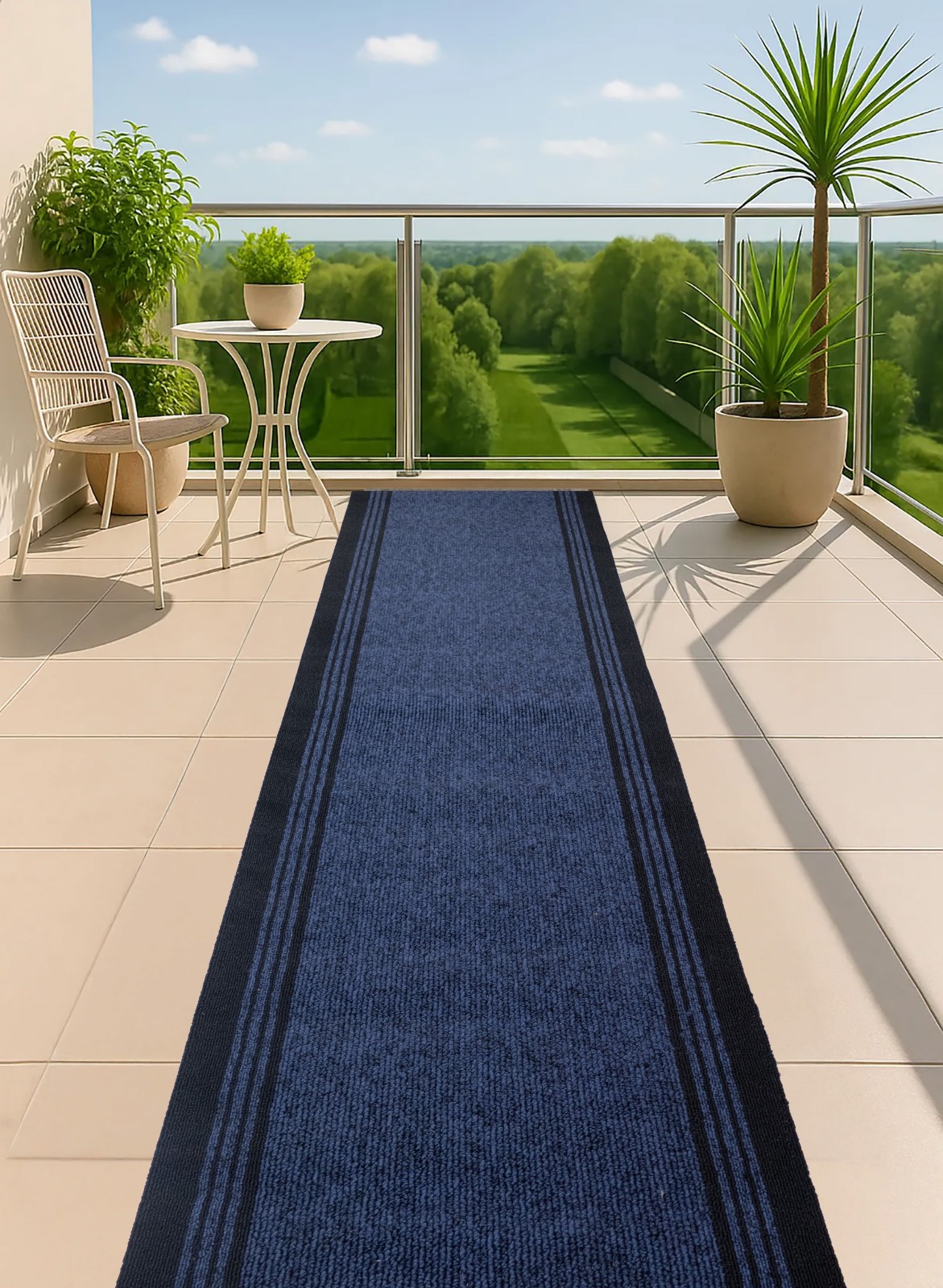 Anti Slip Low Profile Loop Pile Striped Blue Outdoor Heavy Duty Runner Rug gallery