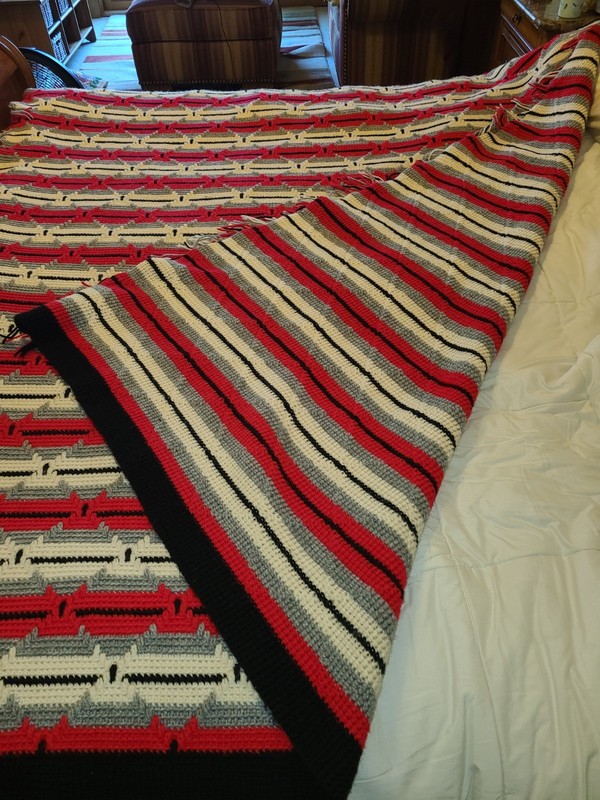 Handmade Crochet Extra Large Afghan Blanket Bedding. Red, Black, Grey, White. gallery