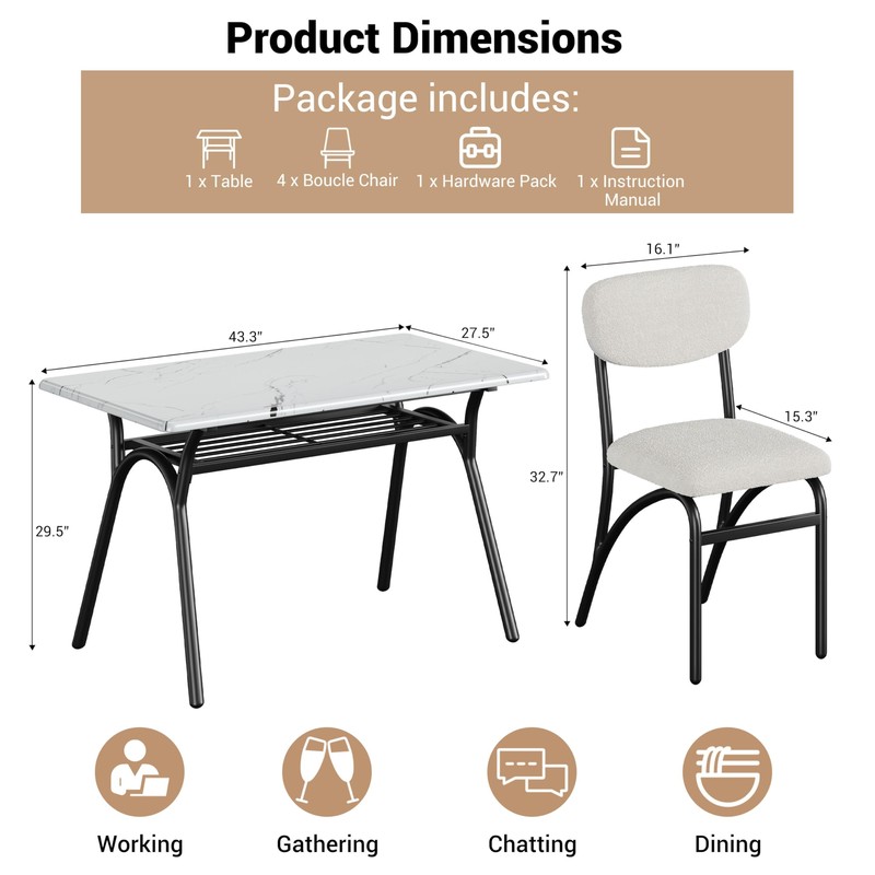 Kitchen Table Set ,5pcs Dining Room Marble Table and 4 Chairs, for Small Space gallery