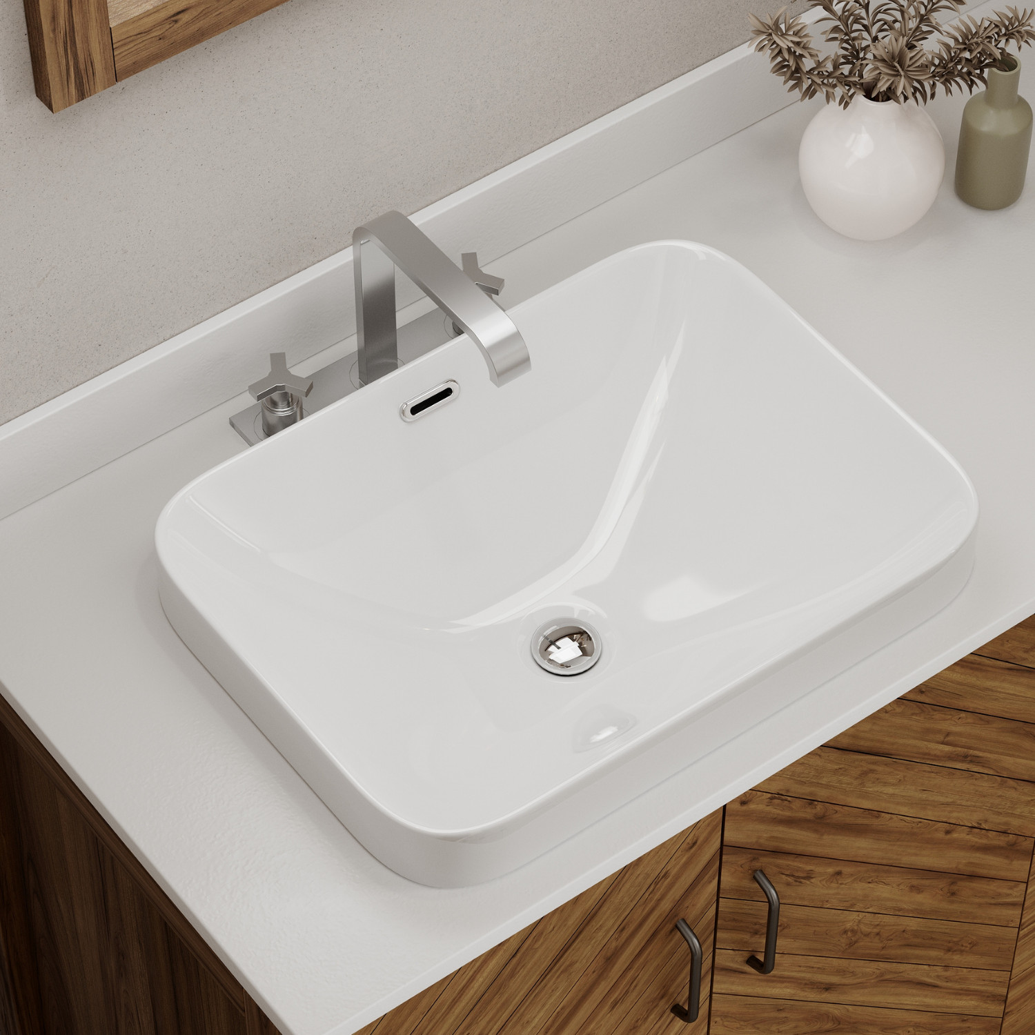 18" x 13" White Ceramic Semi Recessed Bathroom Sink, Overflow & Cutout Template gallery