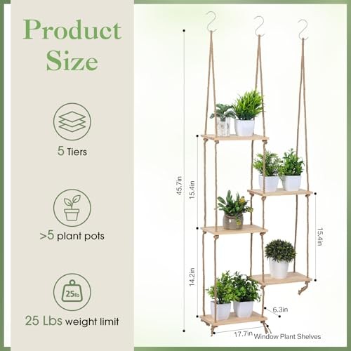 Novabright Window Hanging Plant Shelf with Wooden Shelves 1 Natural Wood Color gallery