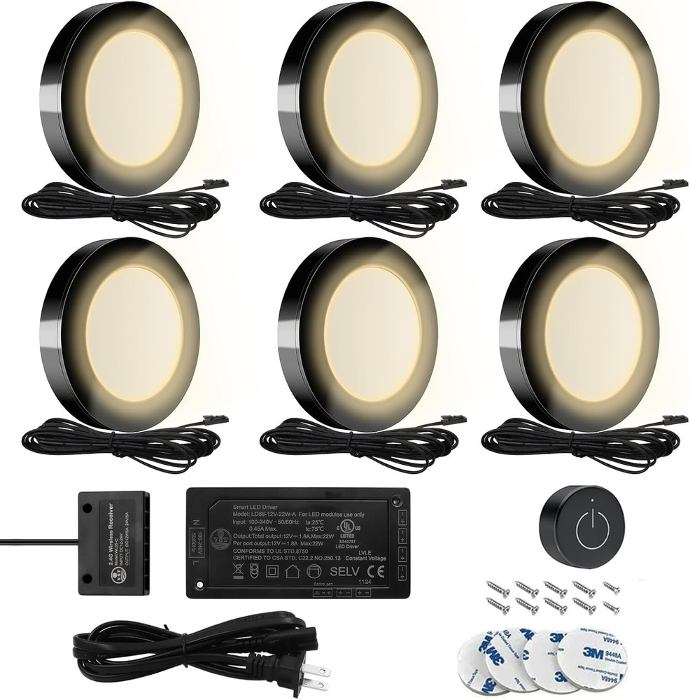 Wireless Dimmer Under Cabinet Puck Lights 6 Pack 3000K Black 12W Total