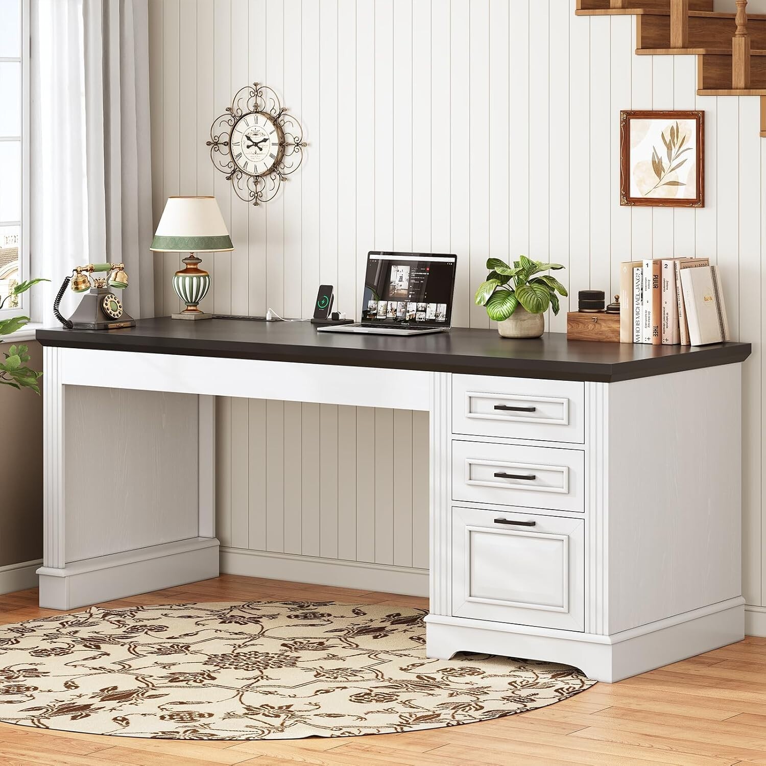 55" Executive Computer Desk with 3 Drawers, Farmhouse Home Office Desk (White) gallery