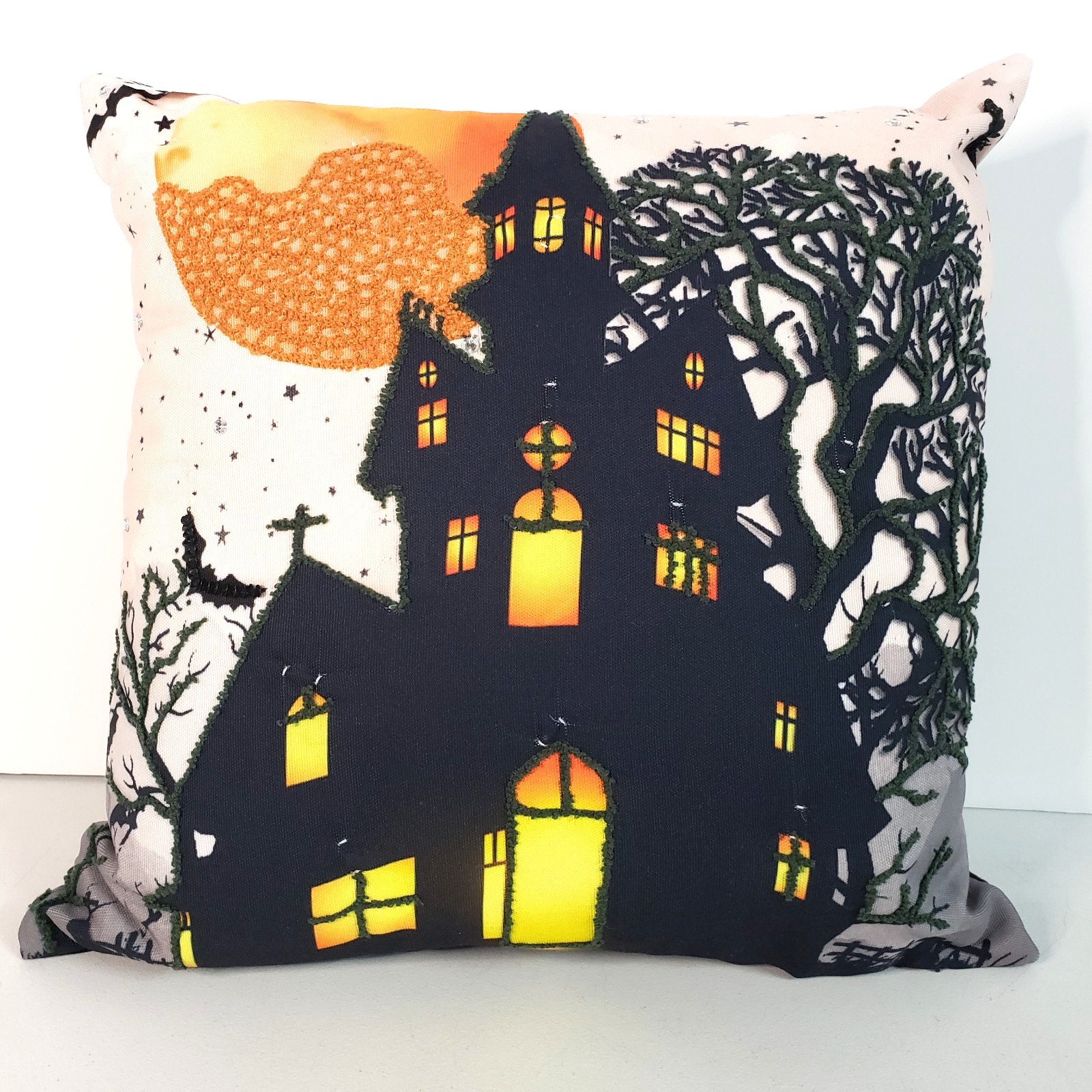NEW Home Reflections Spooky Haunted House Punch Needle Light Up Halloween Pillow gallery