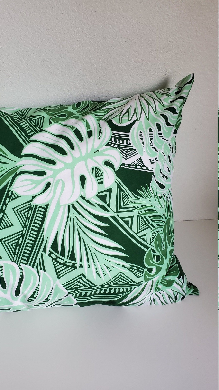 Green Poly-Cotton Blend Pillowcase with Monstera & Palm Leaves | Handmade gallery