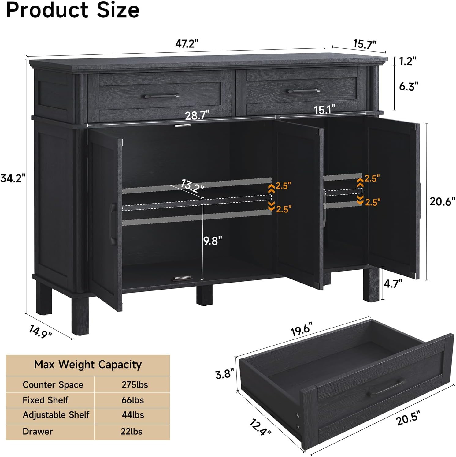 ONBRILL 48 Inches Buffet Cabinet with Storage, Farmhouse Sideboard Buffet w/2 Dr gallery