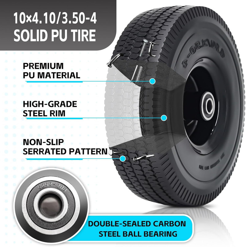 2Pack 10 X 4.10/3.50-4" Solid PU Run-Flat Tire Wheel with 5/8"Axle Bore Hole 2.2 gallery