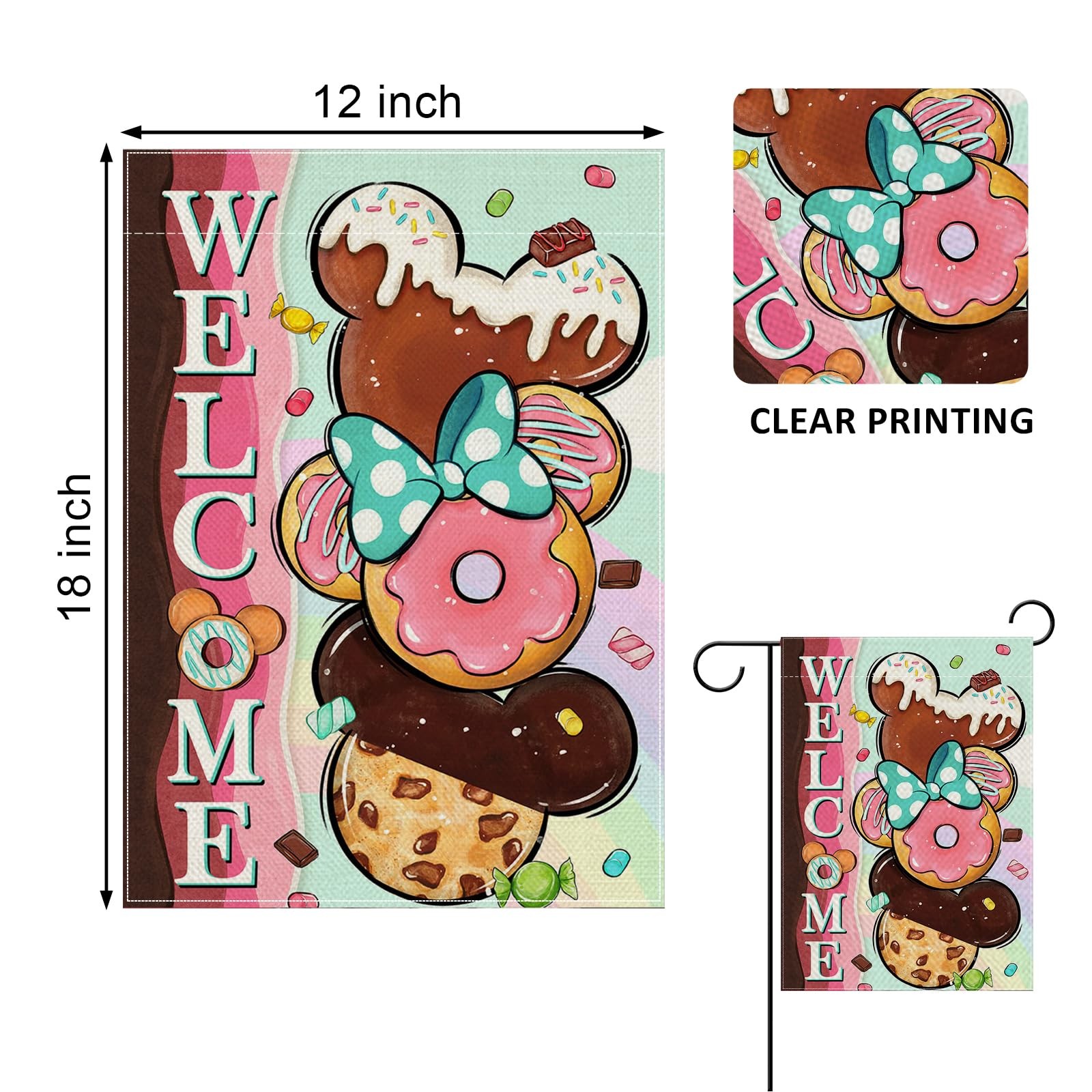 Welcome Cute Donuts Decorative Garden Flag, Pink Sweet Doughnut Chocolate Can... gallery