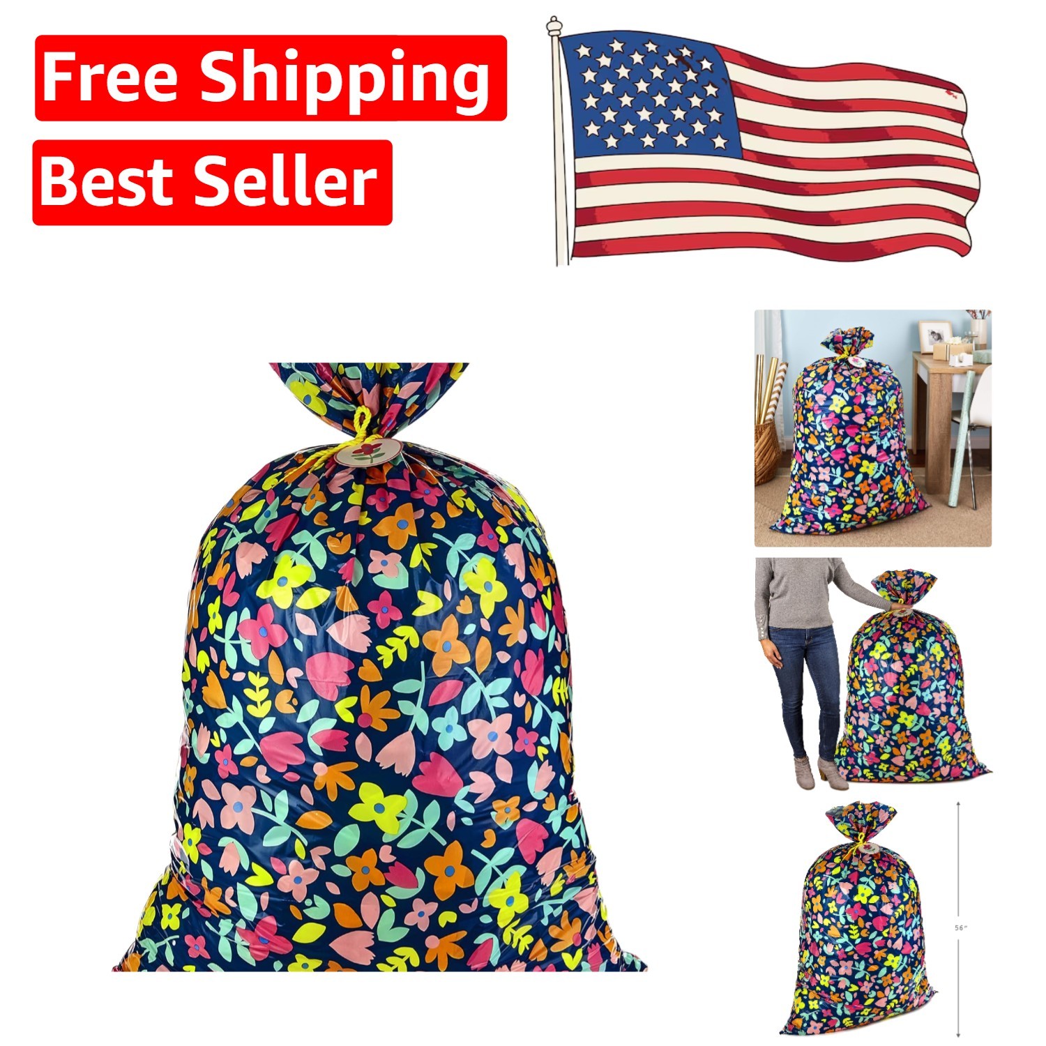 XL 56-Inch Plastic Gift Bag with Cheerful Flowers - Ideal for Special Occasions gallery