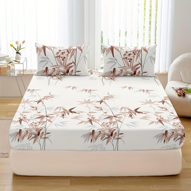 3pcs Bamboo Leaf Print Fitted Sheet Set Soft Hypoallergenic Breathable gallery