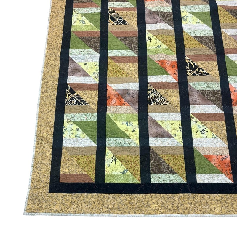 Handmade Patchwork Quilt Throw Asian Geometric Triangles Sashing Signed 2012 gallery