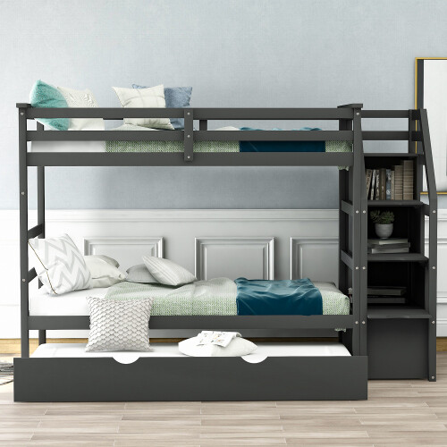 Solid Wood Bunk Bed with Trundle Platform Bed Frames Daybed For Home School Dorm gallery