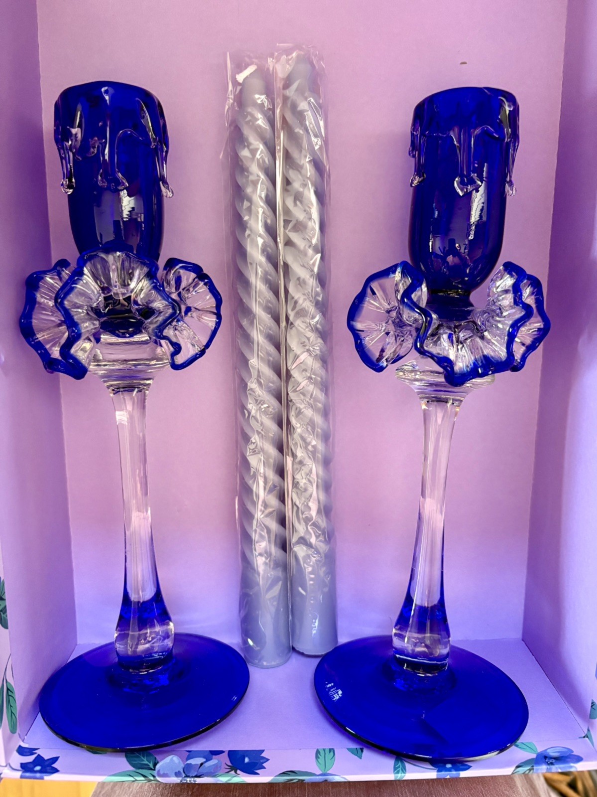 Gift Set Cobalt Blue Murano-Style Glass Ruffles Candle Holders Candlesticks gallery