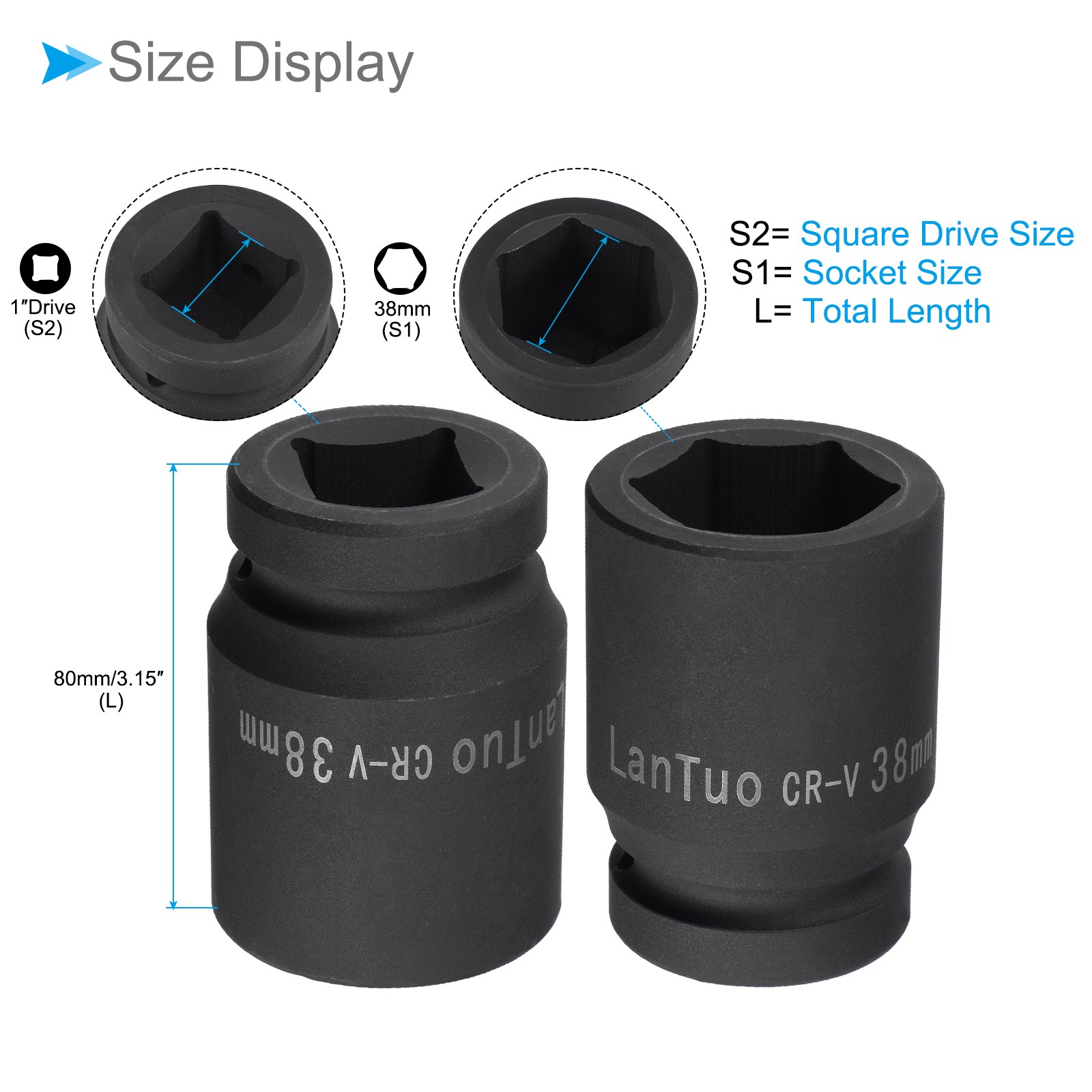 6-Point Impact Socket 1" Drive 38mm Socket CR-V Radiused Standard Metric Socket gallery