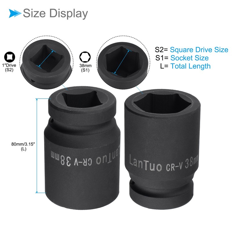 6-Point Impact Socket 1" Drive 38mm Socket CR-V Radiused Standard Metric Socket gallery