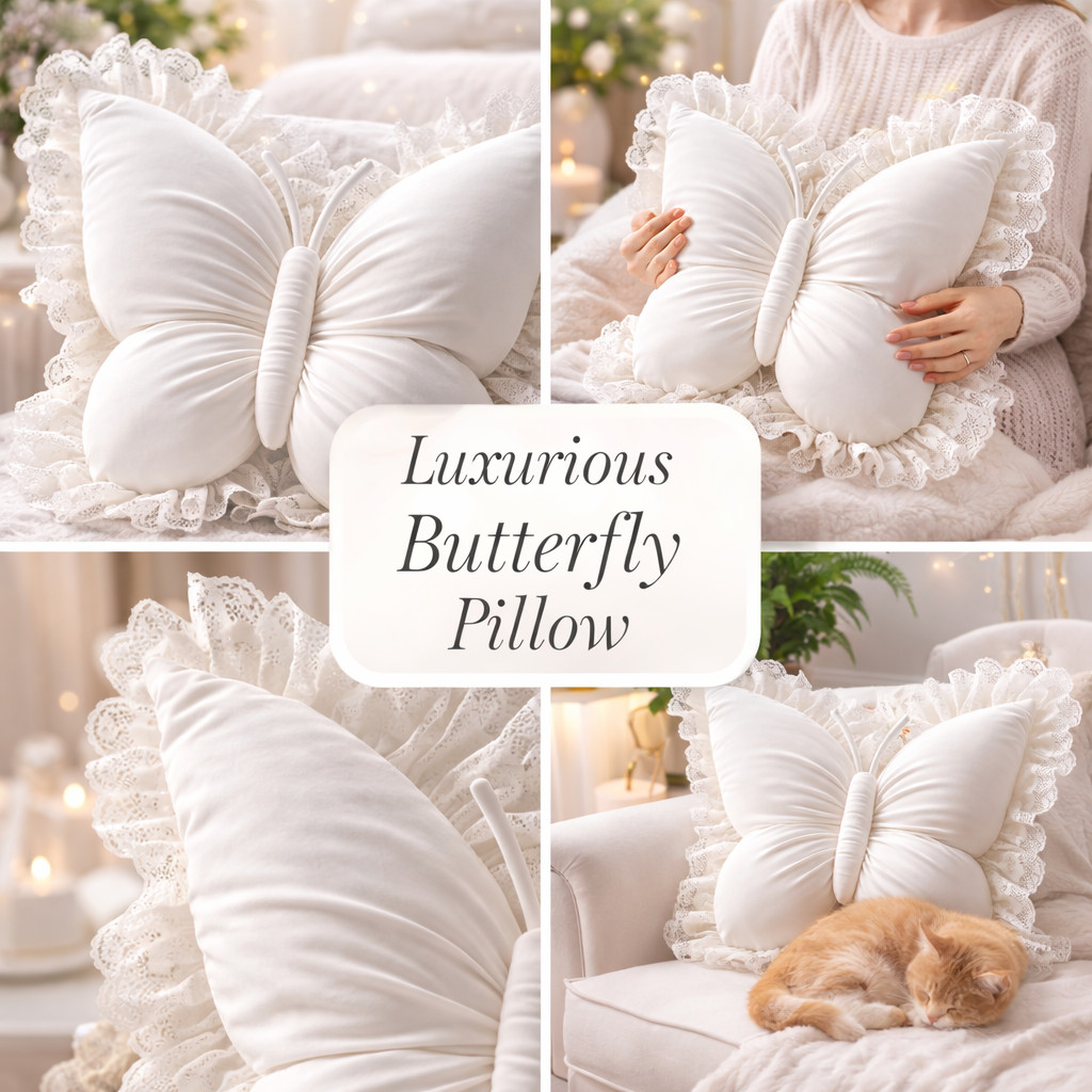 Butterfly Throw Pillow White Lace Ruffle Cushion Princess Sofa Bedroom Decor gallery