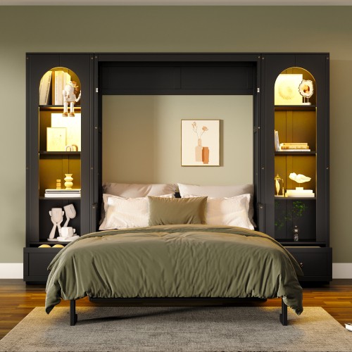 Queen Size Murphy Bed Murphy Cabinet Bed with Storage Drawer LED Light Wall Bed gallery