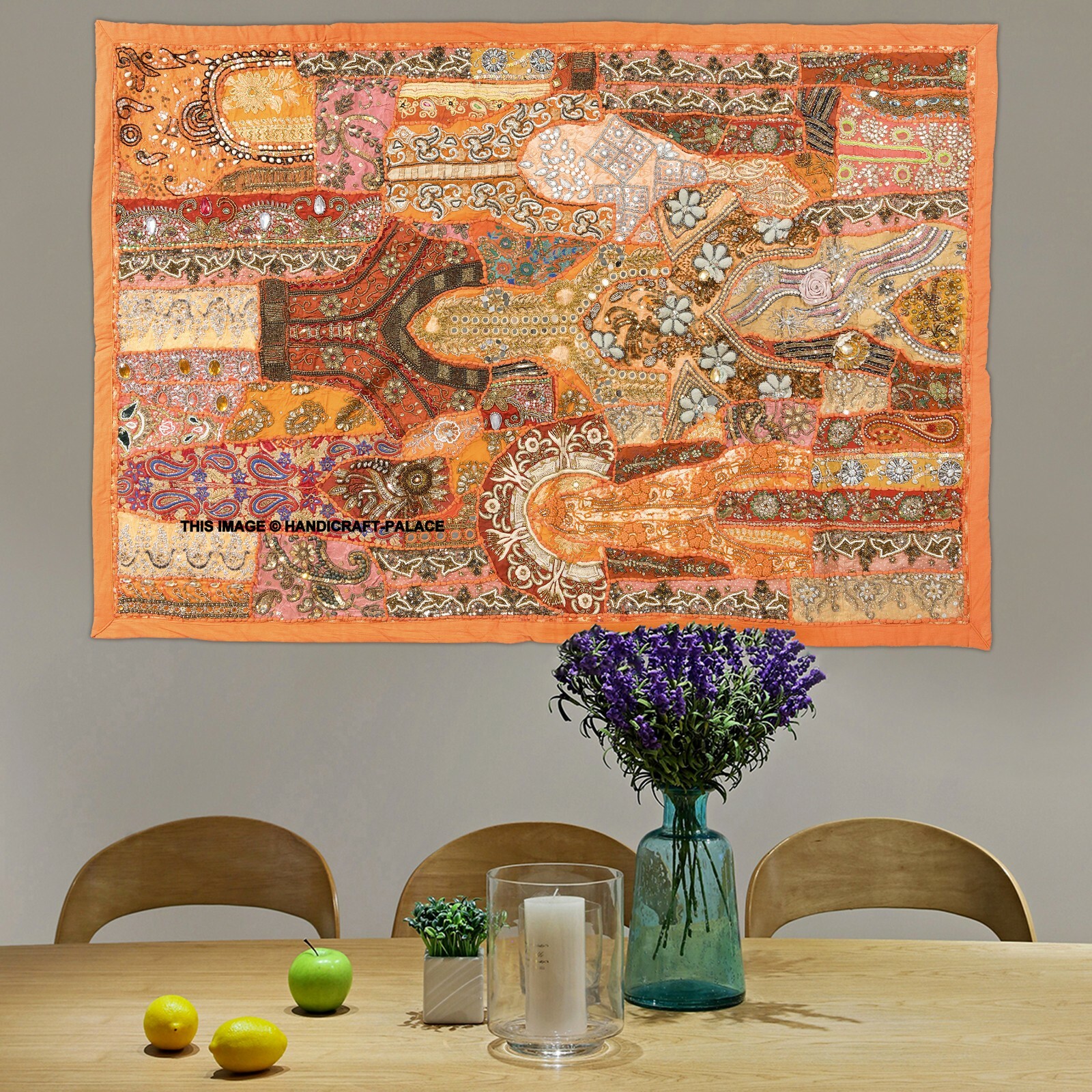 60" ORANGE HANDCRAFTED VINTAGE DÉCOR BEAD ZARI KUNDAN SARI TAPESTRY WALL HANGING gallery