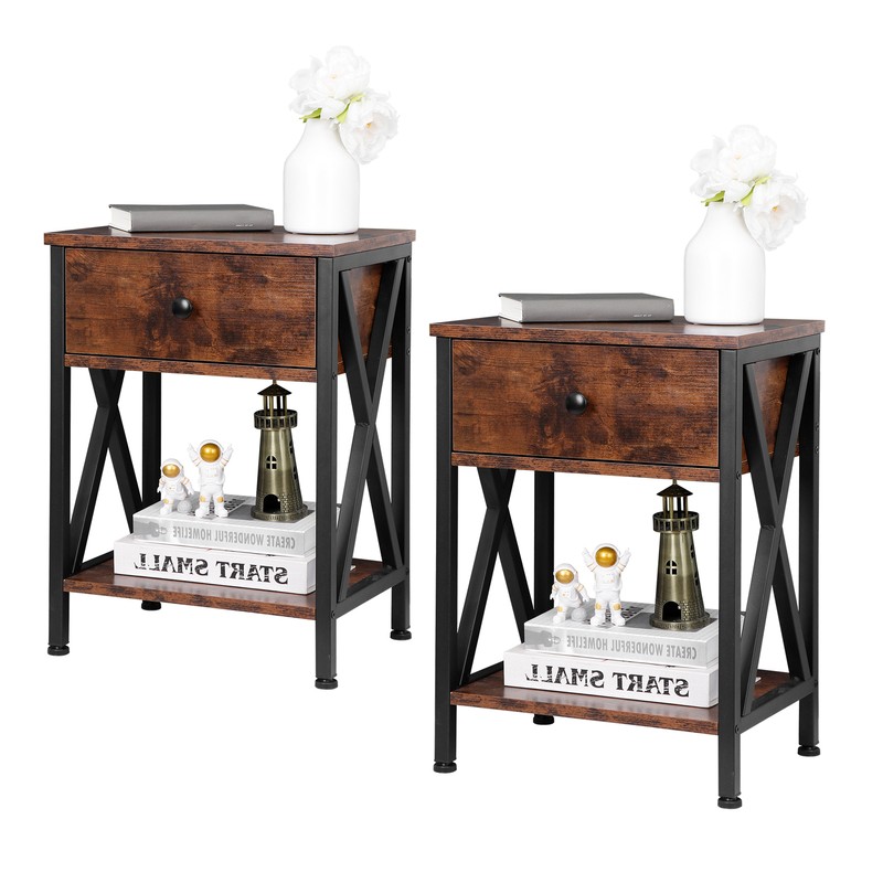 2 Pieces Home End Table Storage Display Metal Frame MDF Top with Drawer, Brown gallery