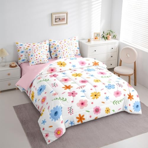 Groovy Floral 7 Piece Bedding Set Size Flower Botanical Full Pink Blue Orange gallery