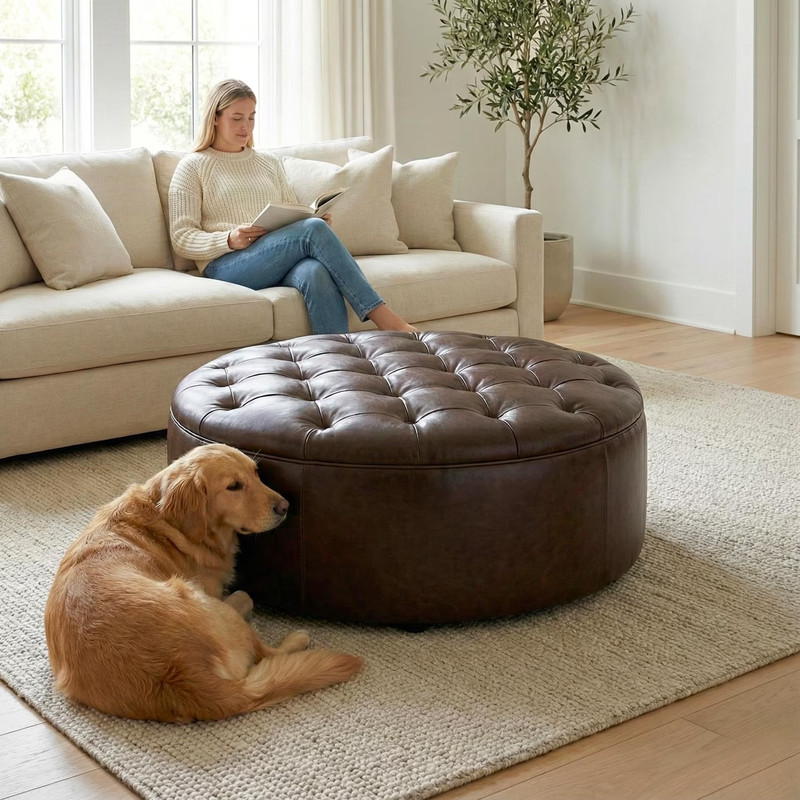 Authentic Tufted Leather Ottoman Large Round Coffee Table Pouf Dark Brown gallery