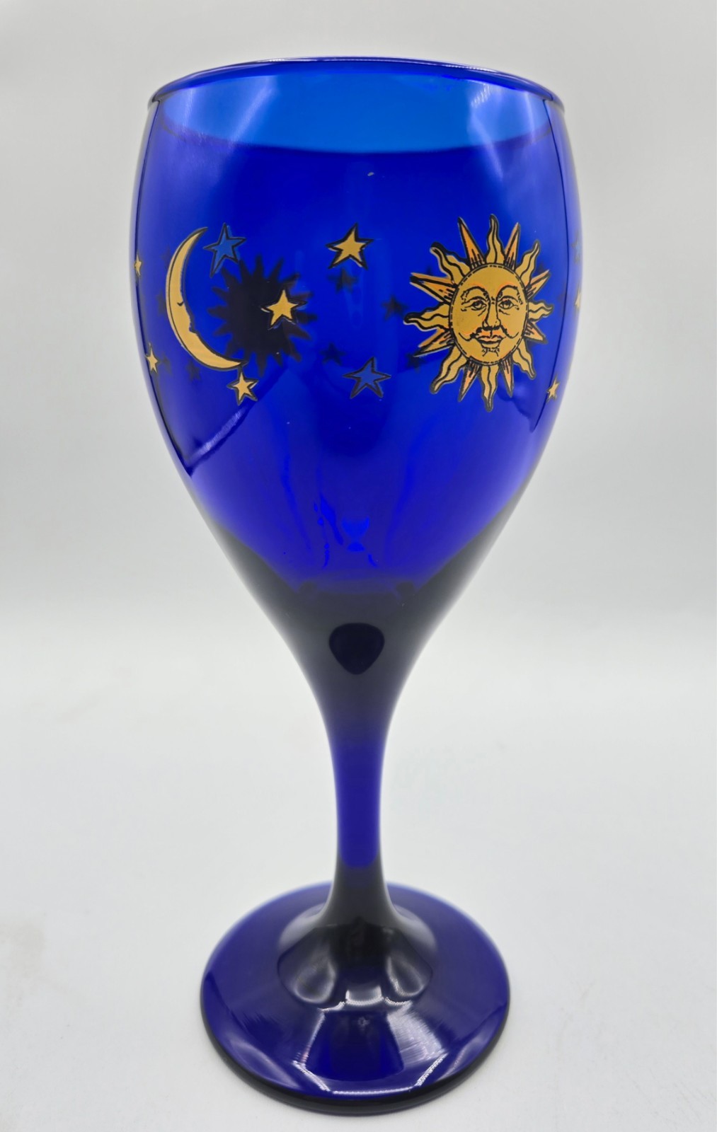 Libbey Cobalt Blue Celestial Sun Moon & and Stars Wine Water Glass Goblet 7.5” gallery