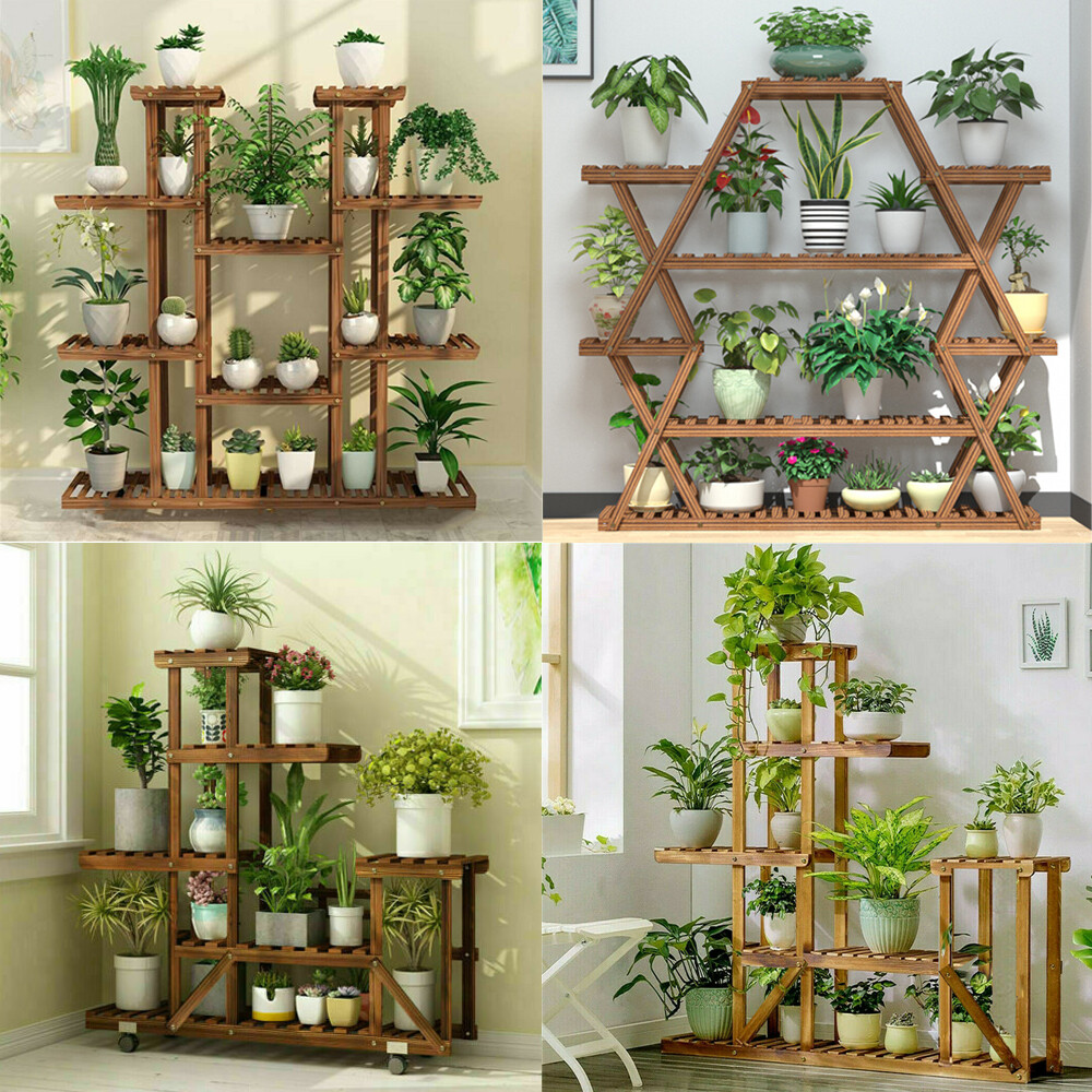 Extra Large Wood Plant Stand Flower Steady Carbonized Rack Outdoor Yard Patio gallery