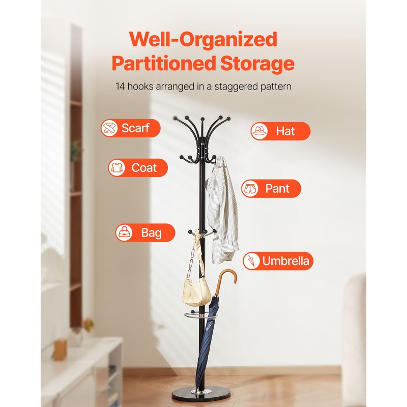 Freestanding Coat Rack Stable Marble Base with Umbrella Holder & 14 Hooks gallery